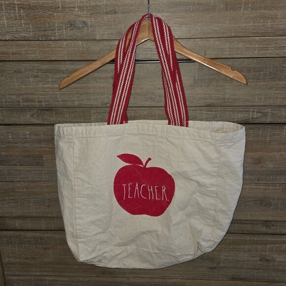 Rae Dunn Large Beige Canvas Teacher Tote Bag Red Apple Reuseable - Picture 1 of 8